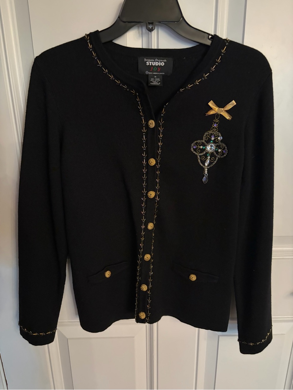 Designers Originals Holiday Black Cardigan with Gold Accents & Jeweled Brooch